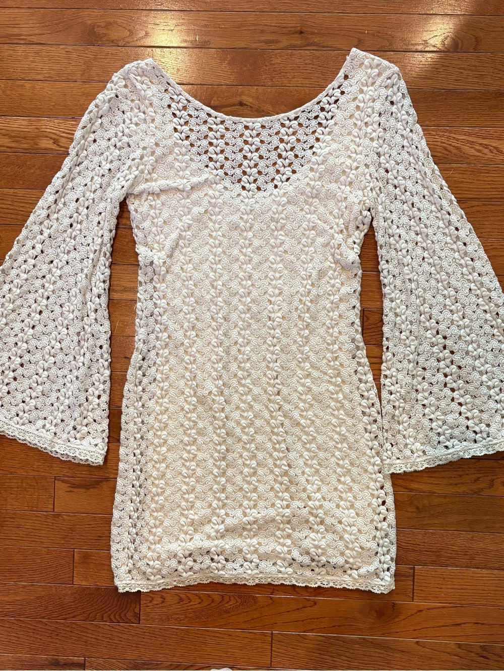 Free People White Crochet Mini Dress with Bell Sleeves